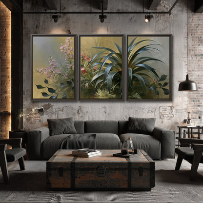 Arching green leaves beside delicate pink garden flowers in soft warm light 3 piece framed canvas wall art displayed in a industrial room