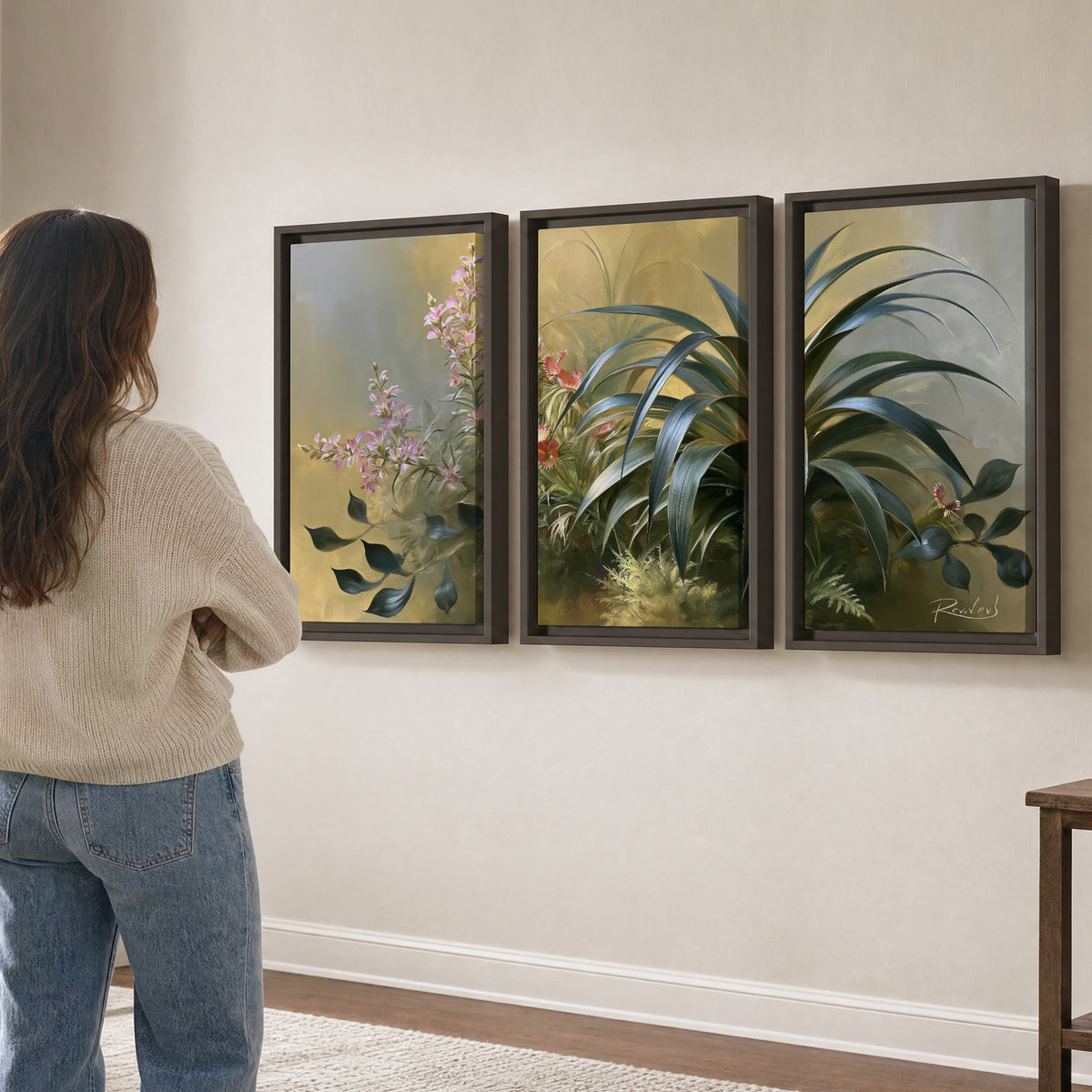 Arching green leaves beside delicate pink garden flowers in soft warm light 3 piece framed canvas wall art three panel arrangement on a wall