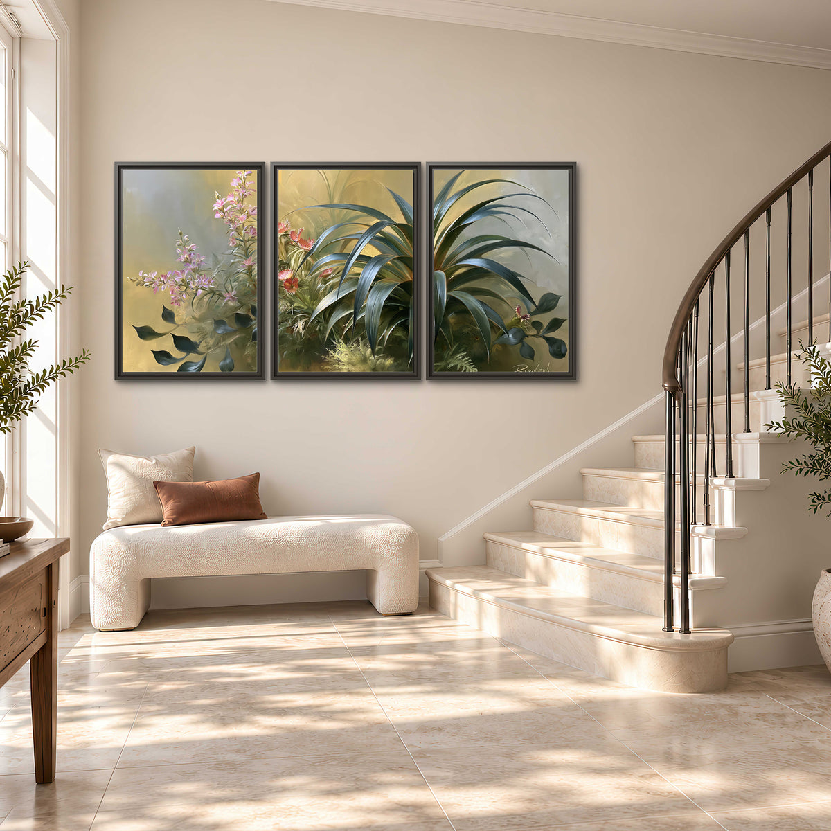 Arching green leaves beside delicate pink garden flowers in soft warm light 3 piece framed canvas wall art styled in an interior