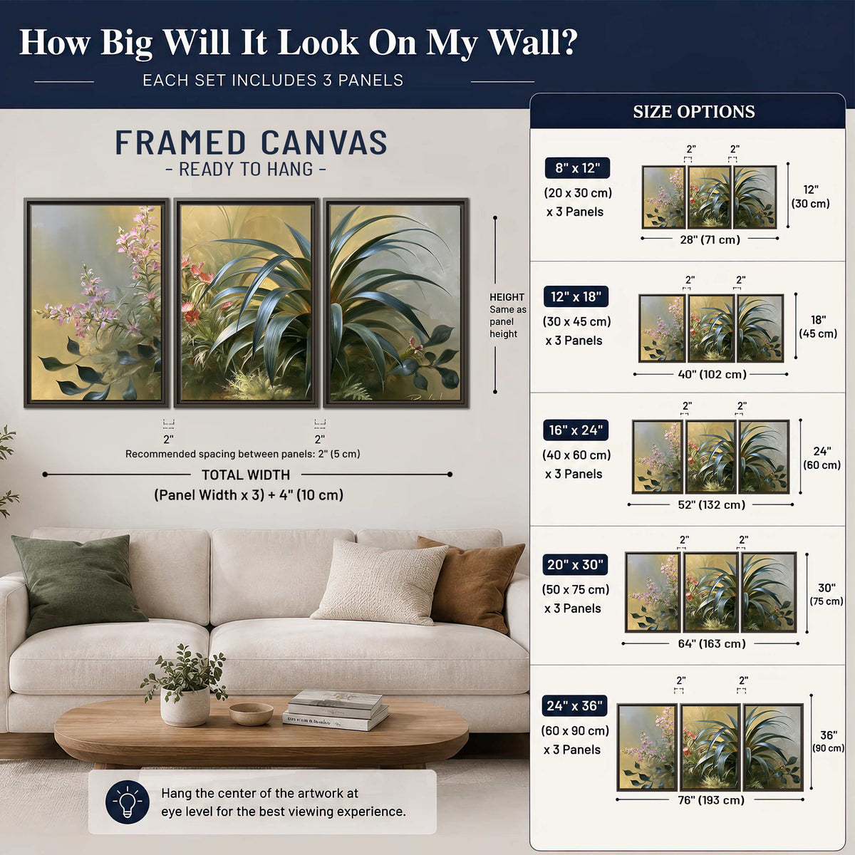 Arching green leaves beside delicate pink garden flowers in soft warm light 3 piece framed canvas wall art size guide above a sofa; room view is illustrative