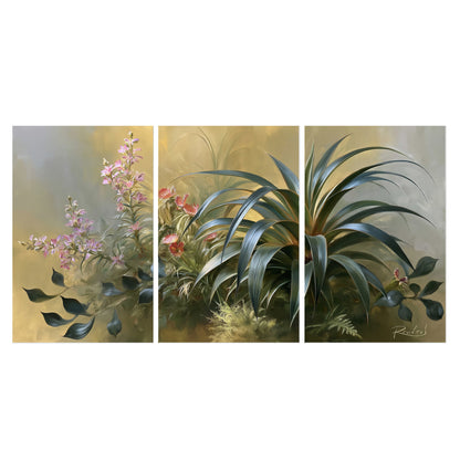 Arching green leaves beside delicate pink garden flowers in soft warm light set of 3 poster prints viewed straight on