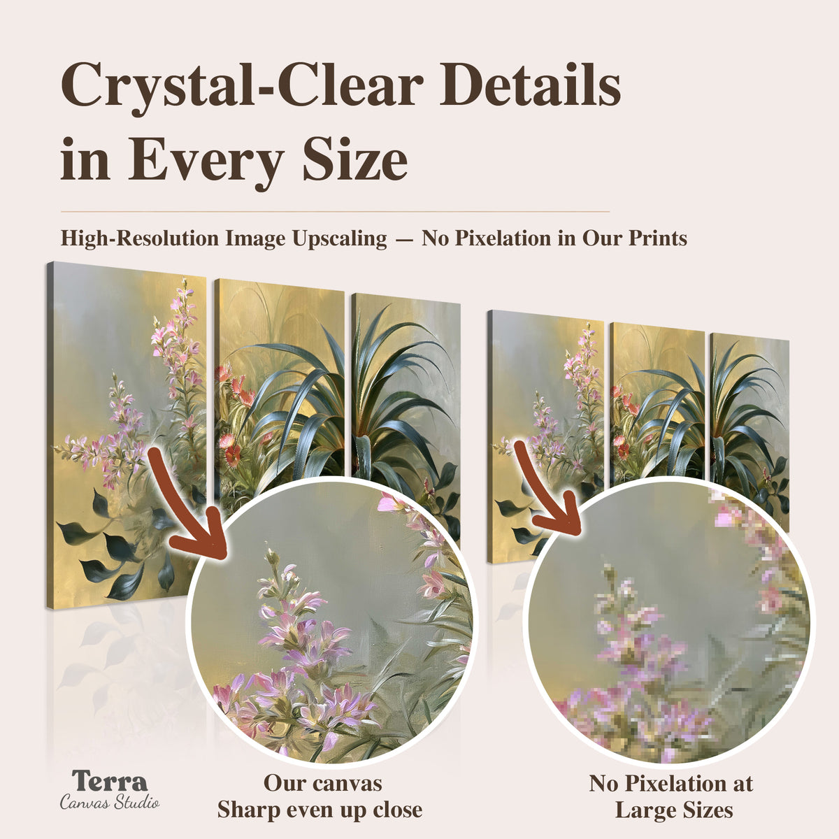 Arching green leaves beside delicate pink garden flowers in soft warm light artwork quality information
