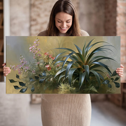 Arching green leaves beside delicate pink garden flowers in soft warm light single canvas wall art held in hands