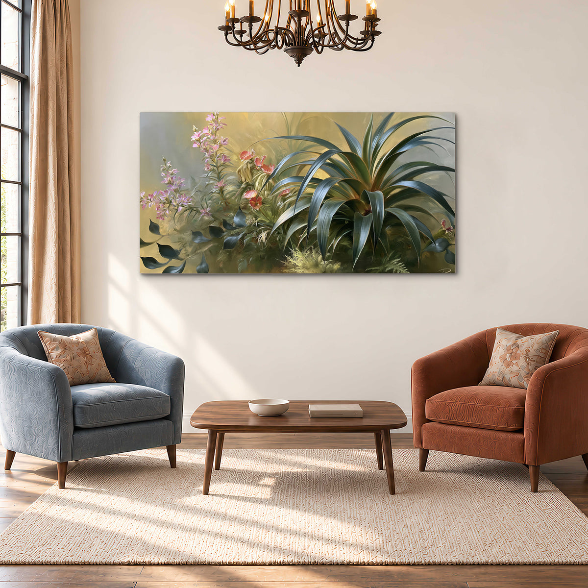 Arching green leaves beside delicate pink garden flowers in soft warm light single canvas wall art styled in an interior