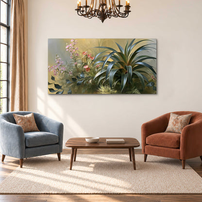 Arching green leaves beside delicate pink garden flowers in soft warm light single canvas wall art styled in an interior