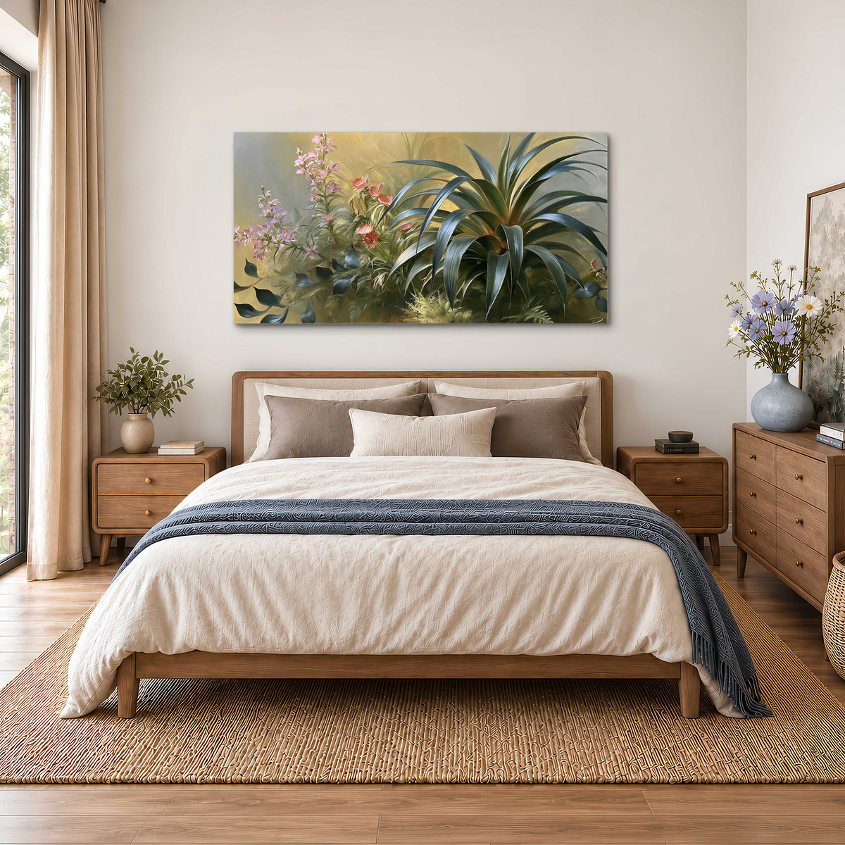 Arching green leaves beside delicate pink garden flowers in soft warm light single canvas wall art styled in an interior