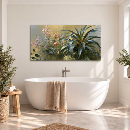 Arching green leaves beside delicate pink garden flowers in soft warm light single canvas wall art styled in an interior