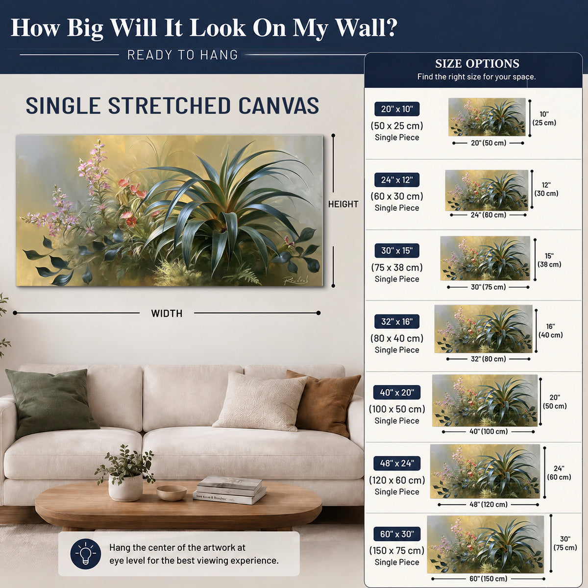 Arching green leaves beside delicate pink garden flowers in soft warm light single canvas wall art size guide above a sofa; room view is illustrative