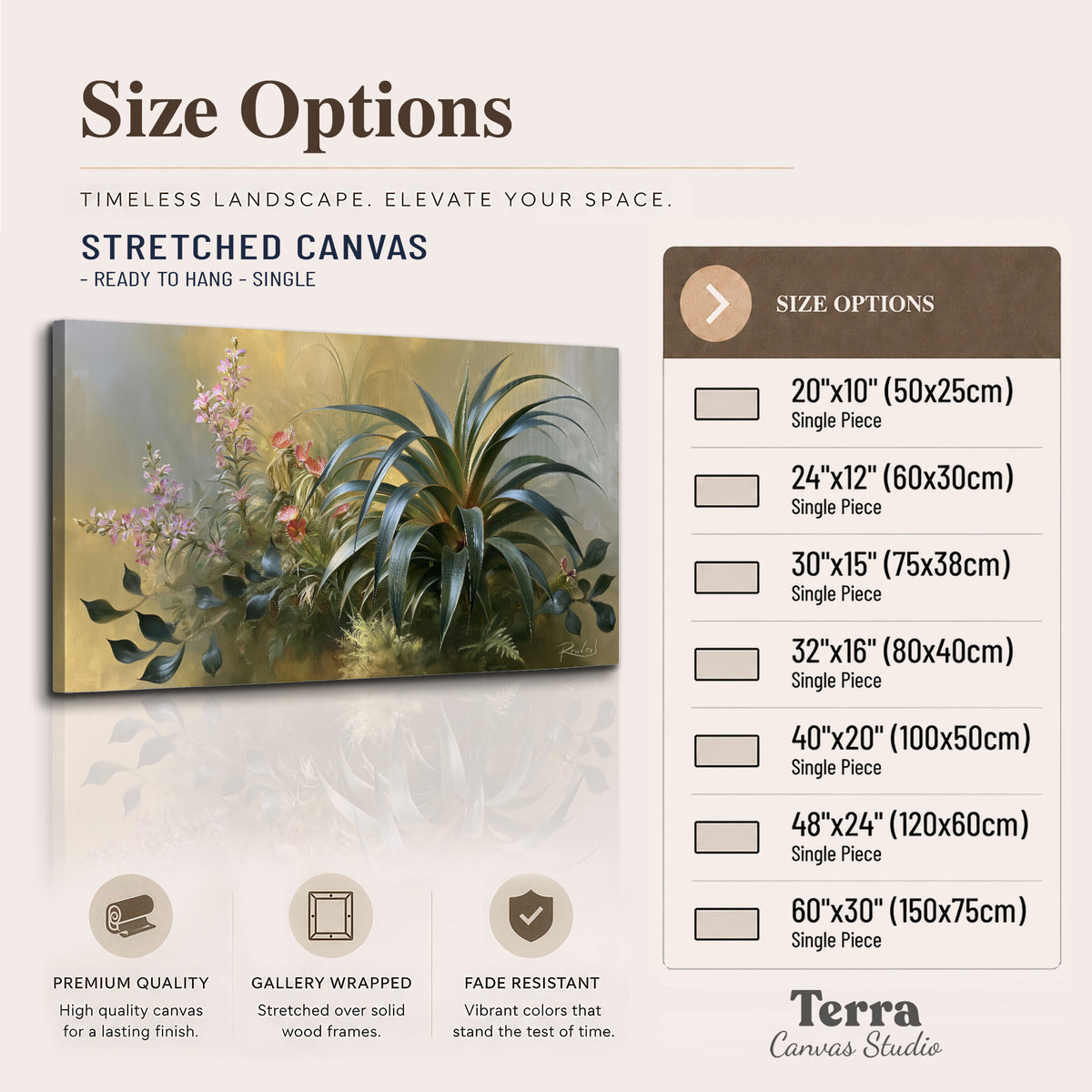 Arching green leaves beside delicate pink garden flowers in soft warm light single canvas wall art available dimensions