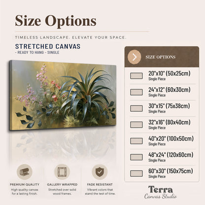 Arching green leaves beside delicate pink garden flowers in soft warm light single canvas wall art available dimensions