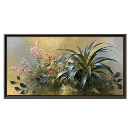 Arching green leaves beside delicate pink garden flowers in soft warm light single framed canvas wall art viewed straight on
