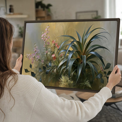 Arching green leaves beside delicate pink garden flowers in soft warm light single framed canvas wall art held in hands