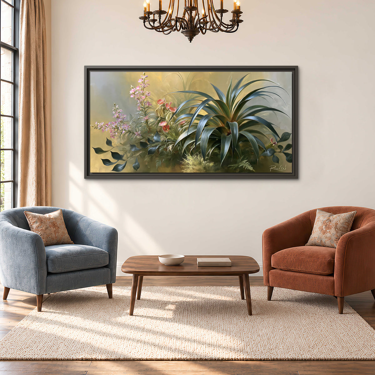 Arching green leaves beside delicate pink garden flowers in soft warm light single framed canvas wall art styled in an interior