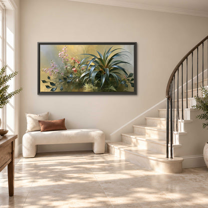 Arching green leaves beside delicate pink garden flowers in soft warm light single framed canvas wall art styled in an interior