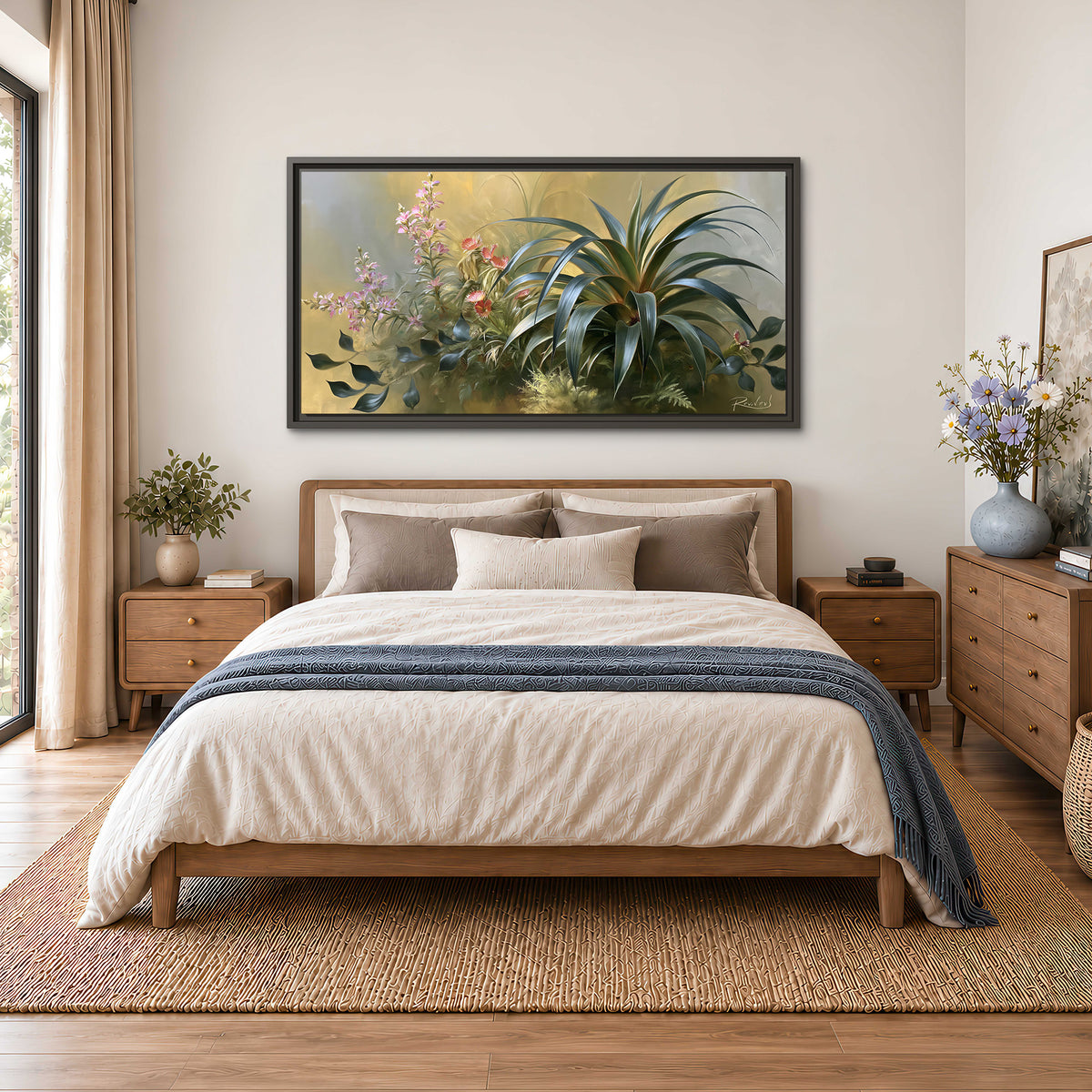 Arching green leaves beside delicate pink garden flowers in soft warm light single framed canvas wall art styled in an interior
