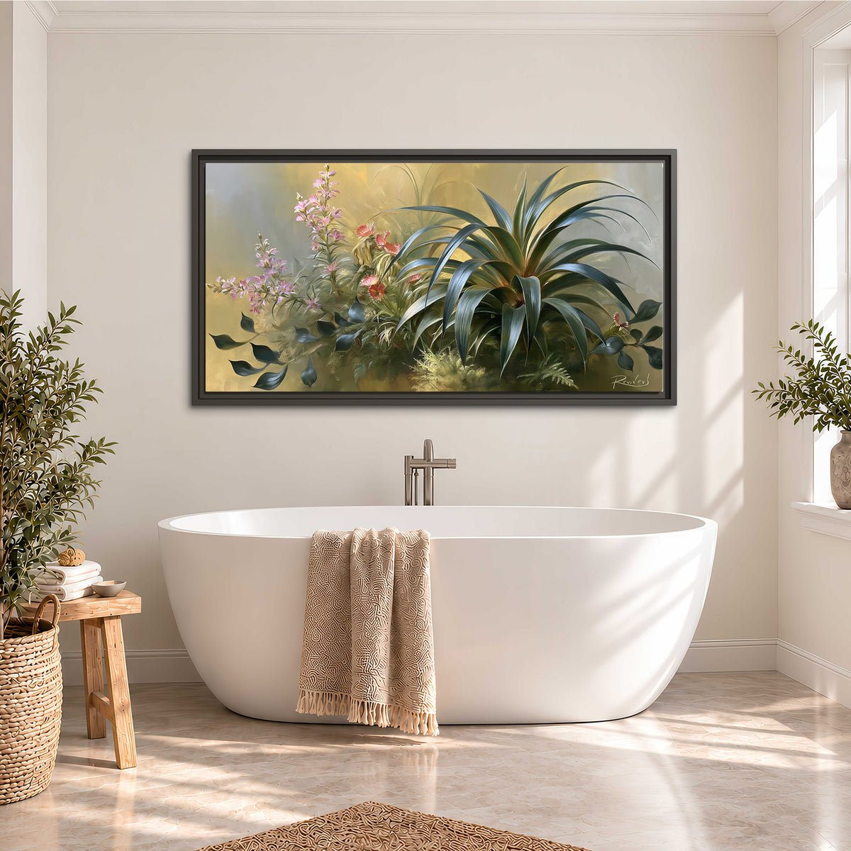 Arching green leaves beside delicate pink garden flowers in soft warm light single framed canvas wall art styled in an interior