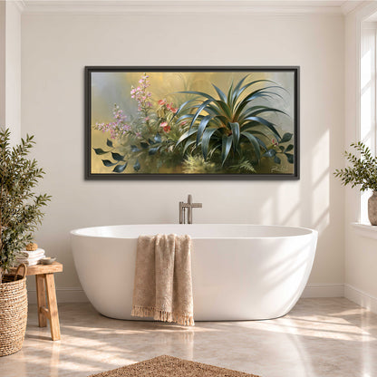 Arching green leaves beside delicate pink garden flowers in soft warm light single framed canvas wall art styled in an interior
