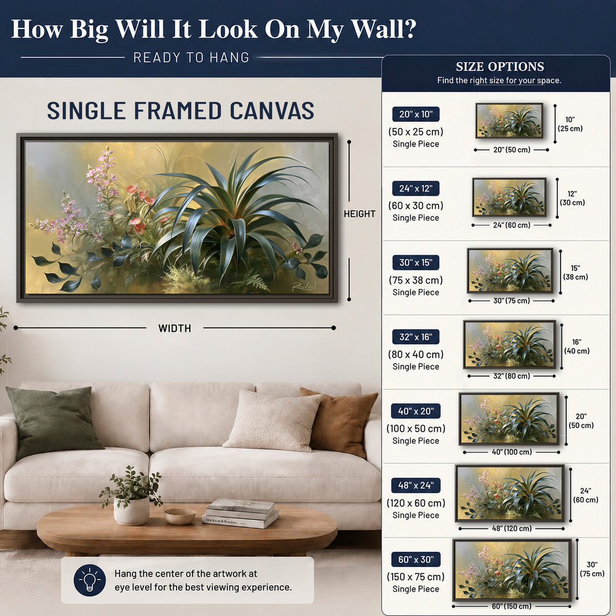 Arching green leaves beside delicate pink garden flowers in soft warm light single framed canvas wall art size guide above a sofa; room view is illustrative