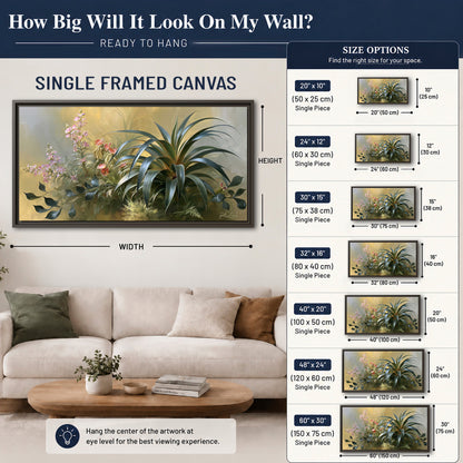 Arching green leaves beside delicate pink garden flowers in soft warm light single framed canvas wall art size guide above a sofa; room view is illustrative