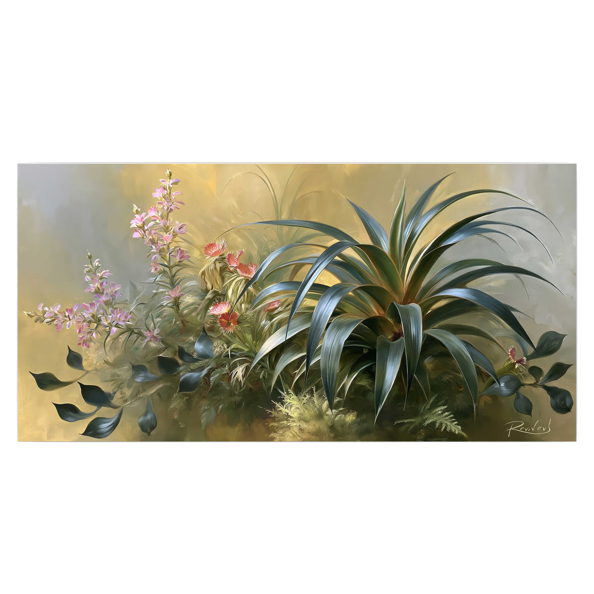 Arching green leaves beside delicate pink garden flowers in soft warm light single poster print viewed straight on