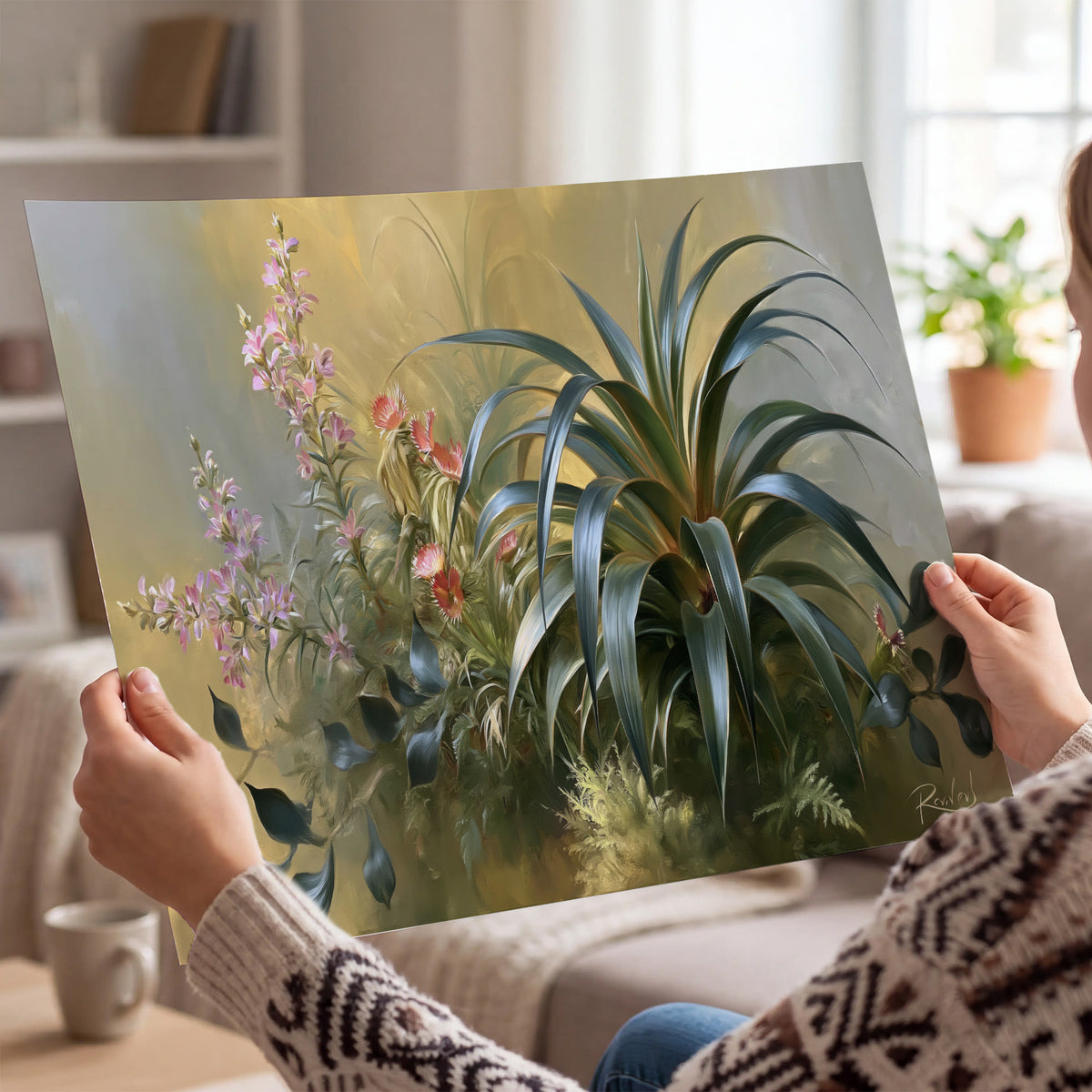 Arching green leaves beside delicate pink garden flowers in soft warm light single poster print held in hands