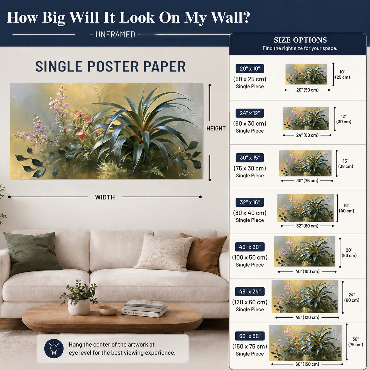 Arching green leaves beside delicate pink garden flowers in soft warm light single poster print size guide above a sofa; room view is illustrative