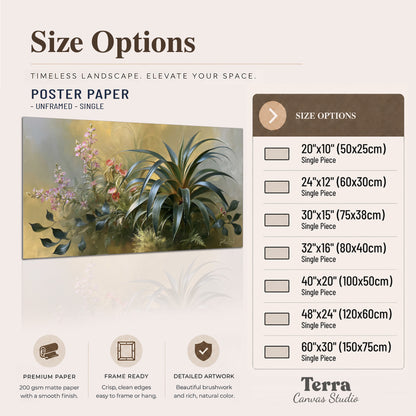 Arching green leaves beside delicate pink garden flowers in soft warm light single poster print available dimensions