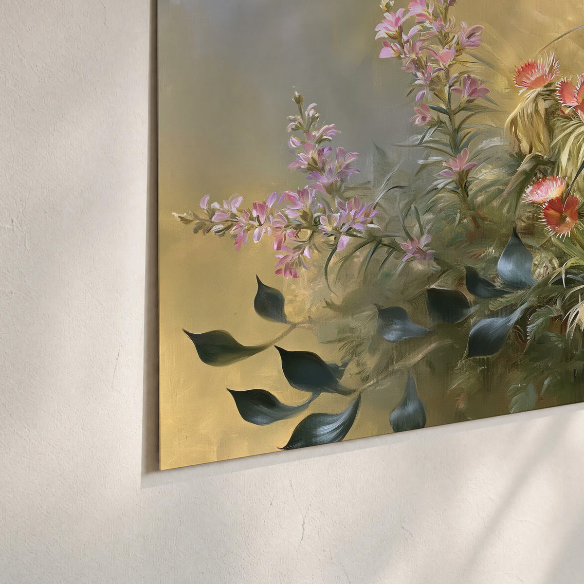 Arching green leaves beside delicate pink garden flowers in soft warm light set of 3 poster prints material and edge close up