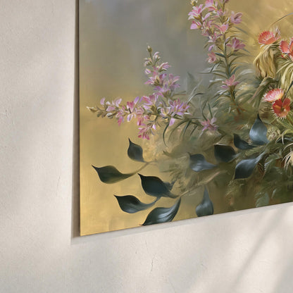 Arching green leaves beside delicate pink garden flowers in soft warm light set of 3 poster prints material and edge close up