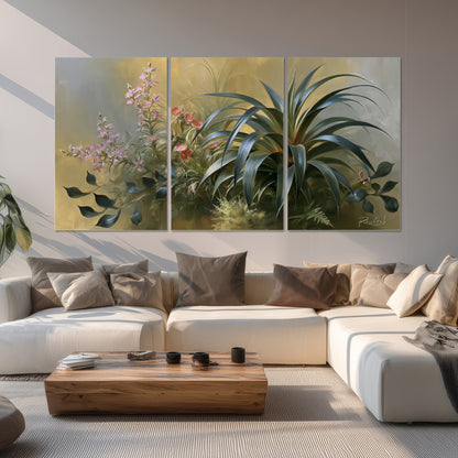 Arching green leaves beside delicate pink garden flowers in soft warm light set of 3 poster prints displayed in a living room