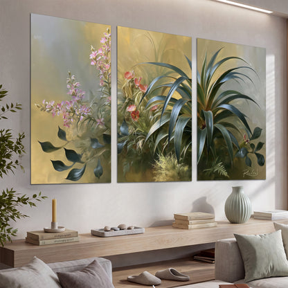 Arching green leaves beside delicate pink garden flowers in soft warm light set of 3 poster prints displayed in a console