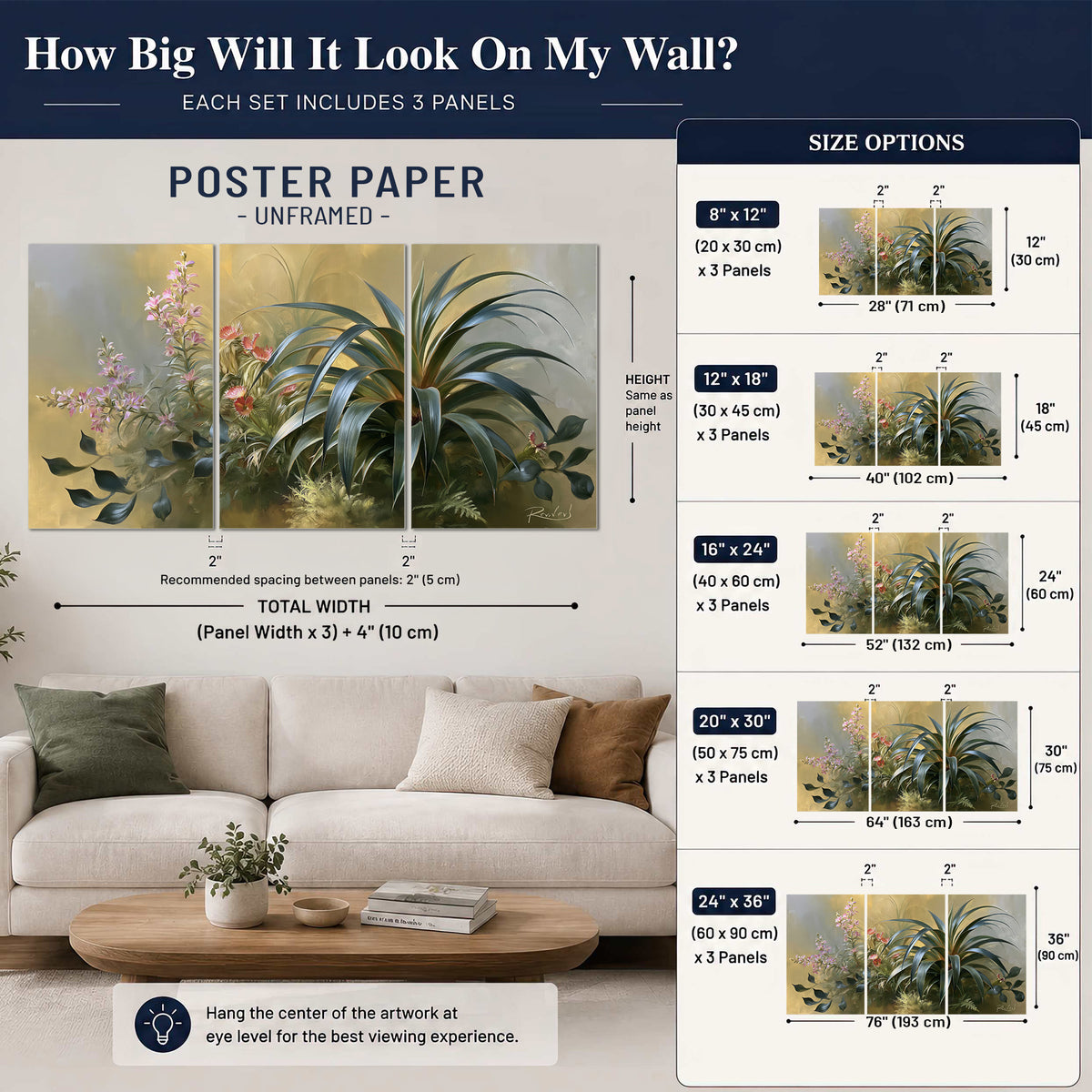 Arching green leaves beside delicate pink garden flowers in soft warm light set of 3 poster prints size guide above a sofa; room view is illustrative