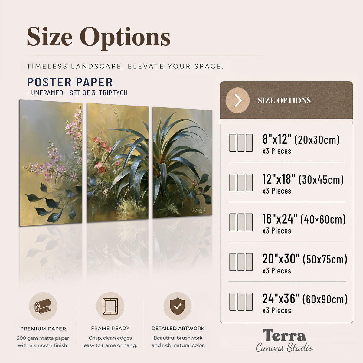 Arching green leaves beside delicate pink garden flowers in soft warm light set of 3 poster prints available dimensions; triptych dimensions are per panel