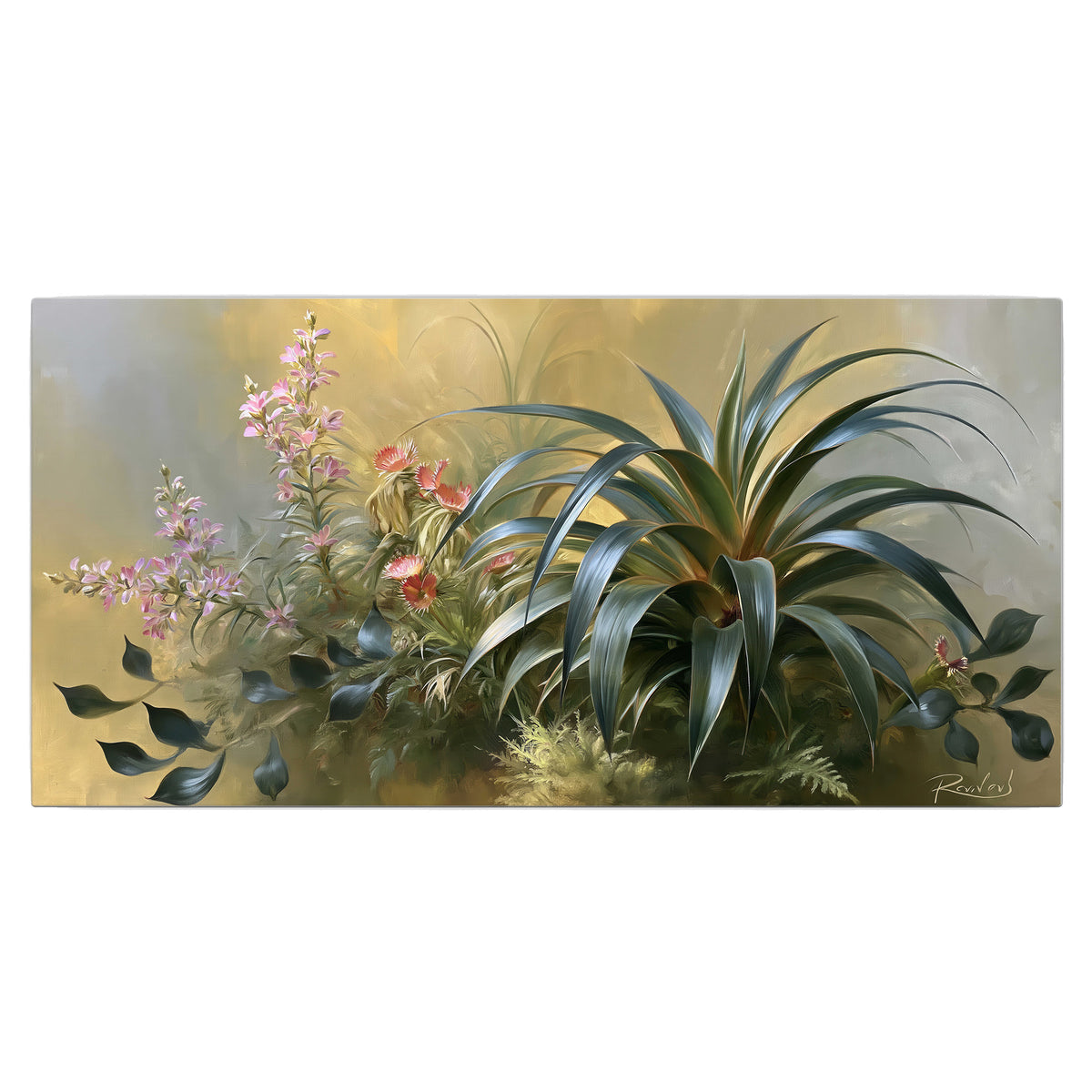 Arching green leaves beside delicate pink garden flowers in soft warm light single canvas wall art viewed straight on