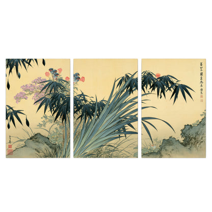 Graceful bamboo leaves and small blossoms on a warm parchment-toned background 3 piece canvas wall art viewed straight on