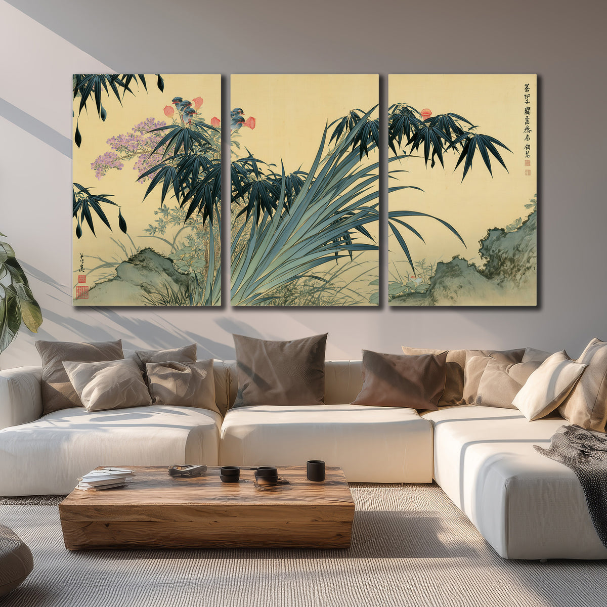 Graceful bamboo leaves and small blossoms on a warm parchment-toned background 3 piece canvas wall art displayed in a living room