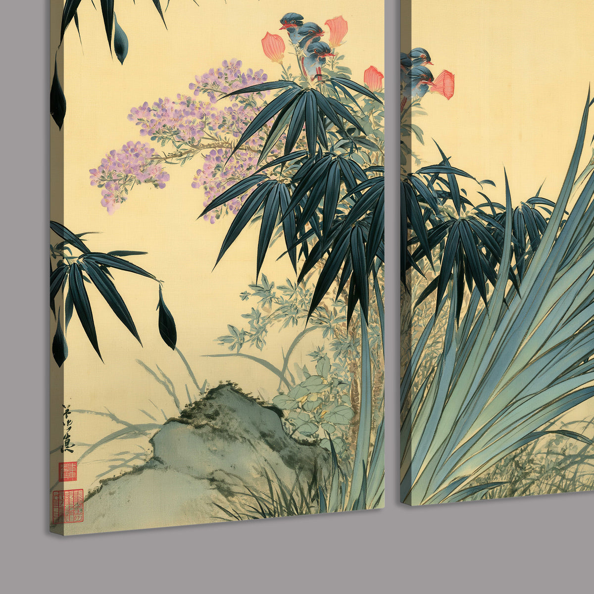 Graceful bamboo leaves and small blossoms on a warm parchment-toned background 3 piece canvas wall art room and product view