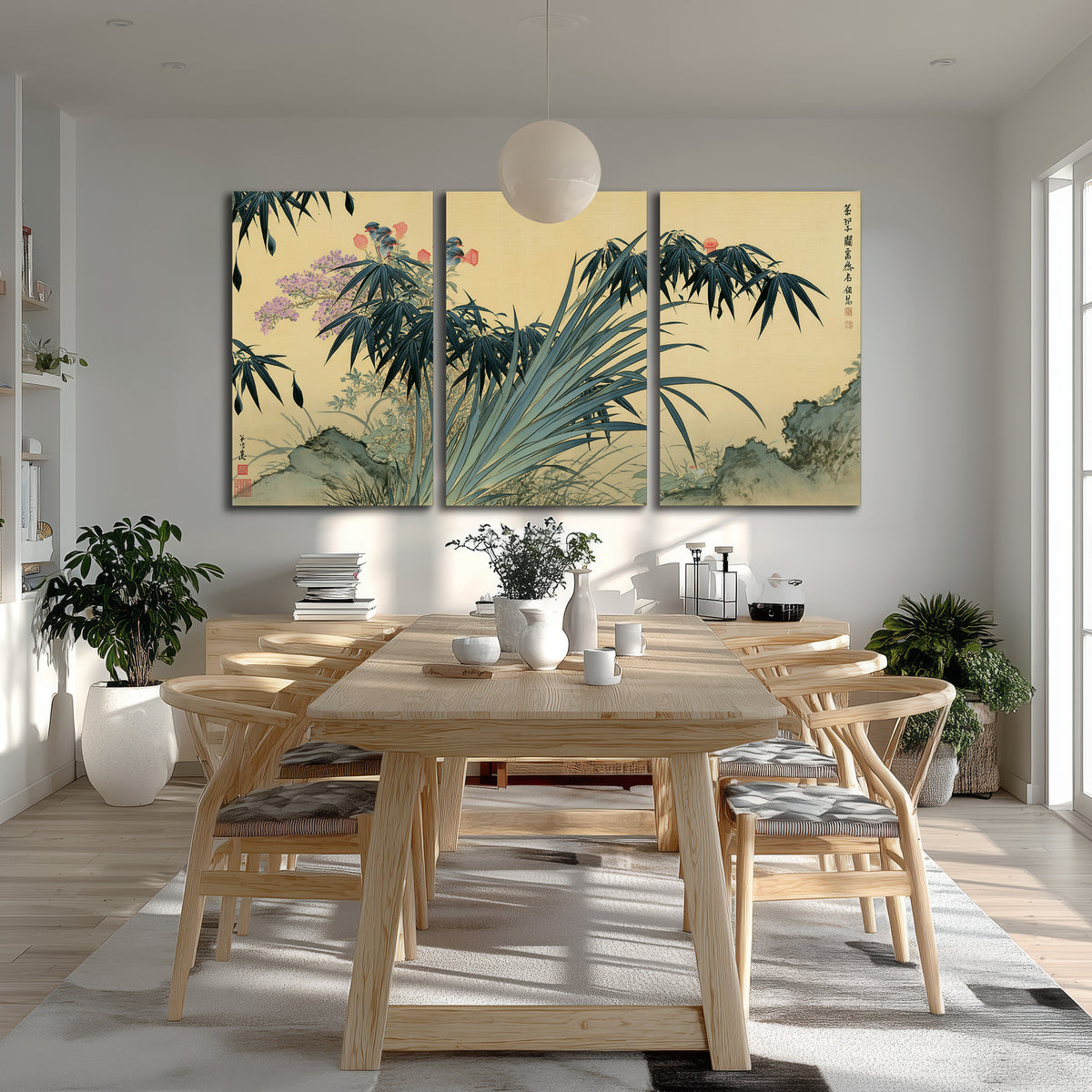 Graceful bamboo leaves and small blossoms on a warm parchment-toned background 3 piece canvas wall art room and product view