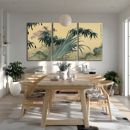 Graceful bamboo leaves and small blossoms on a warm parchment-toned background 3 piece canvas wall art room and product view