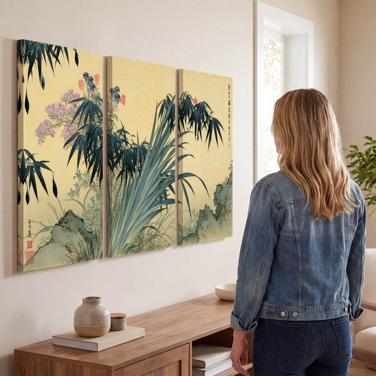 Graceful bamboo leaves and small blossoms on a warm parchment-toned background 3 piece canvas wall art three panel arrangement on a wall