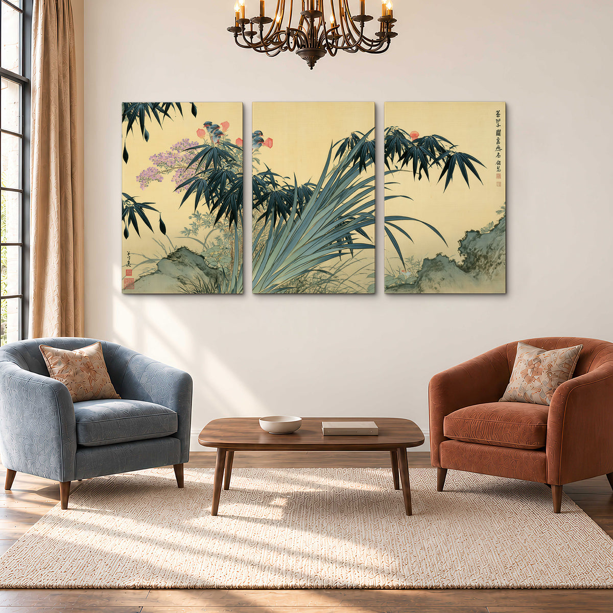 Graceful bamboo leaves and small blossoms on a warm parchment-toned background 3 piece canvas wall art styled in an interior