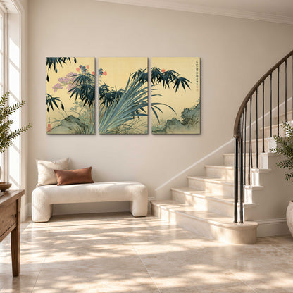 Graceful bamboo leaves and small blossoms on a warm parchment-toned background 3 piece canvas wall art styled in an interior
