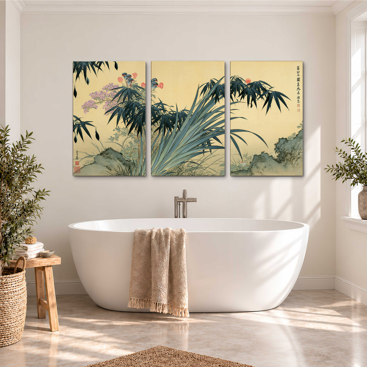 Graceful bamboo leaves and small blossoms on a warm parchment-toned background 3 piece canvas wall art styled in an interior