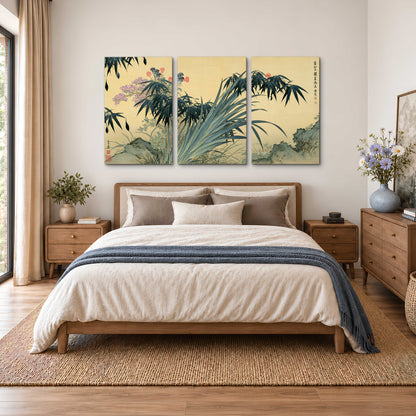 Graceful bamboo leaves and small blossoms on a warm parchment-toned background 3 piece canvas wall art styled in an interior