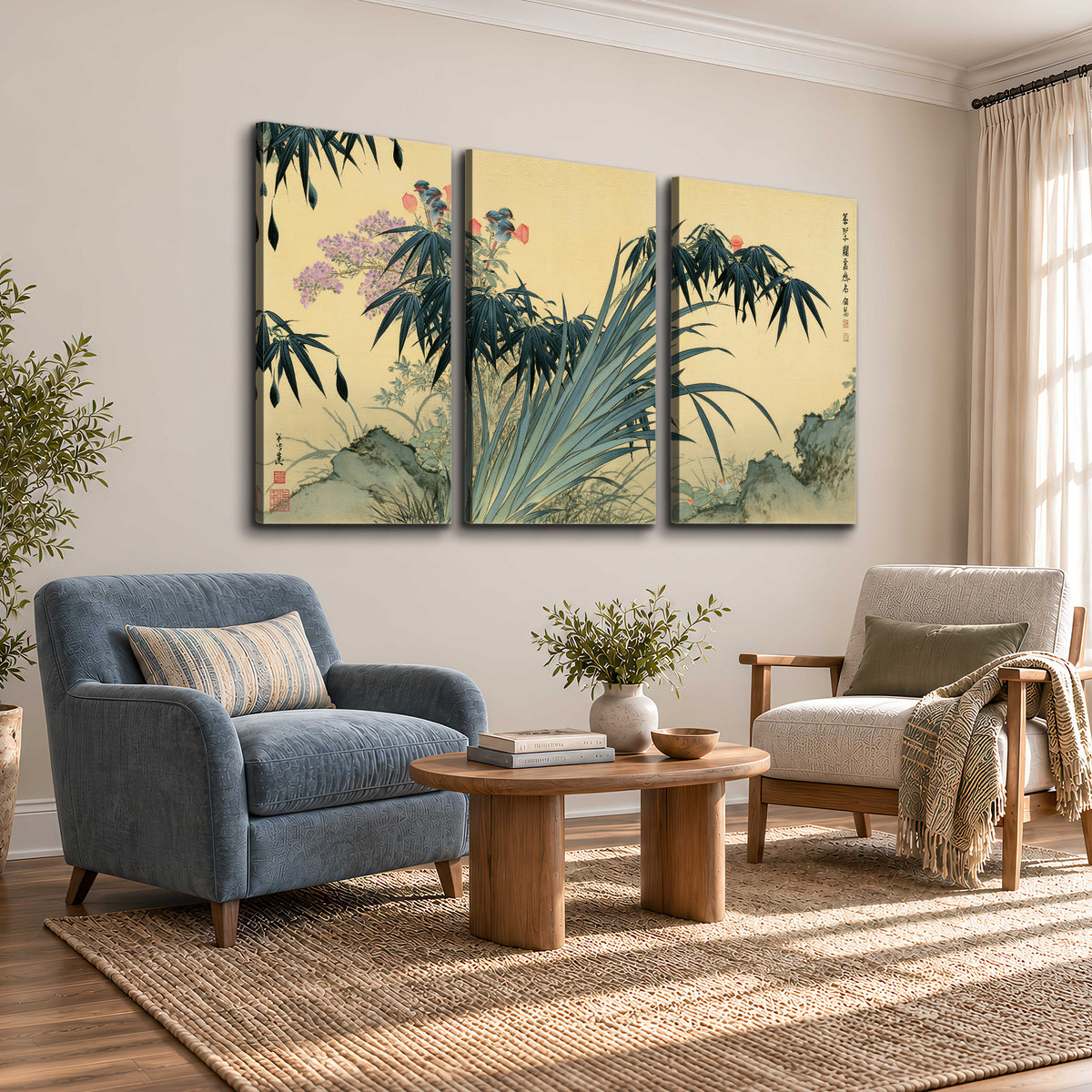 Graceful bamboo leaves and small blossoms on a warm parchment-toned background 3 piece canvas wall art styled in an interior