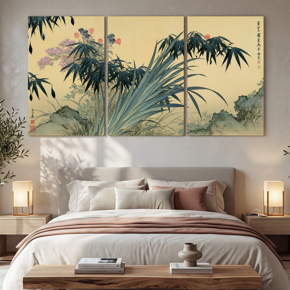 Graceful bamboo leaves and small blossoms on a warm parchment-toned background 3 piece canvas wall art displayed in a bedroom