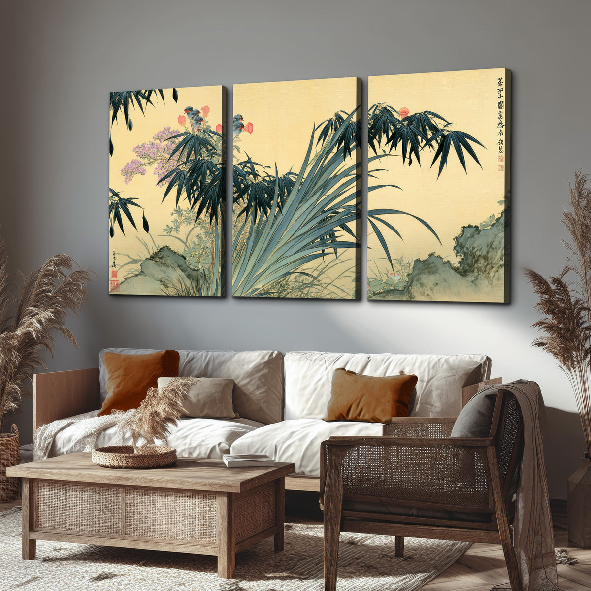 Graceful bamboo leaves and small blossoms on a warm parchment-toned background 3 piece canvas wall art displayed in a rustic living room