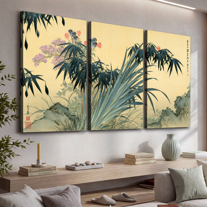 Graceful bamboo leaves and small blossoms on a warm parchment-toned background 3 piece canvas wall art displayed in a console
