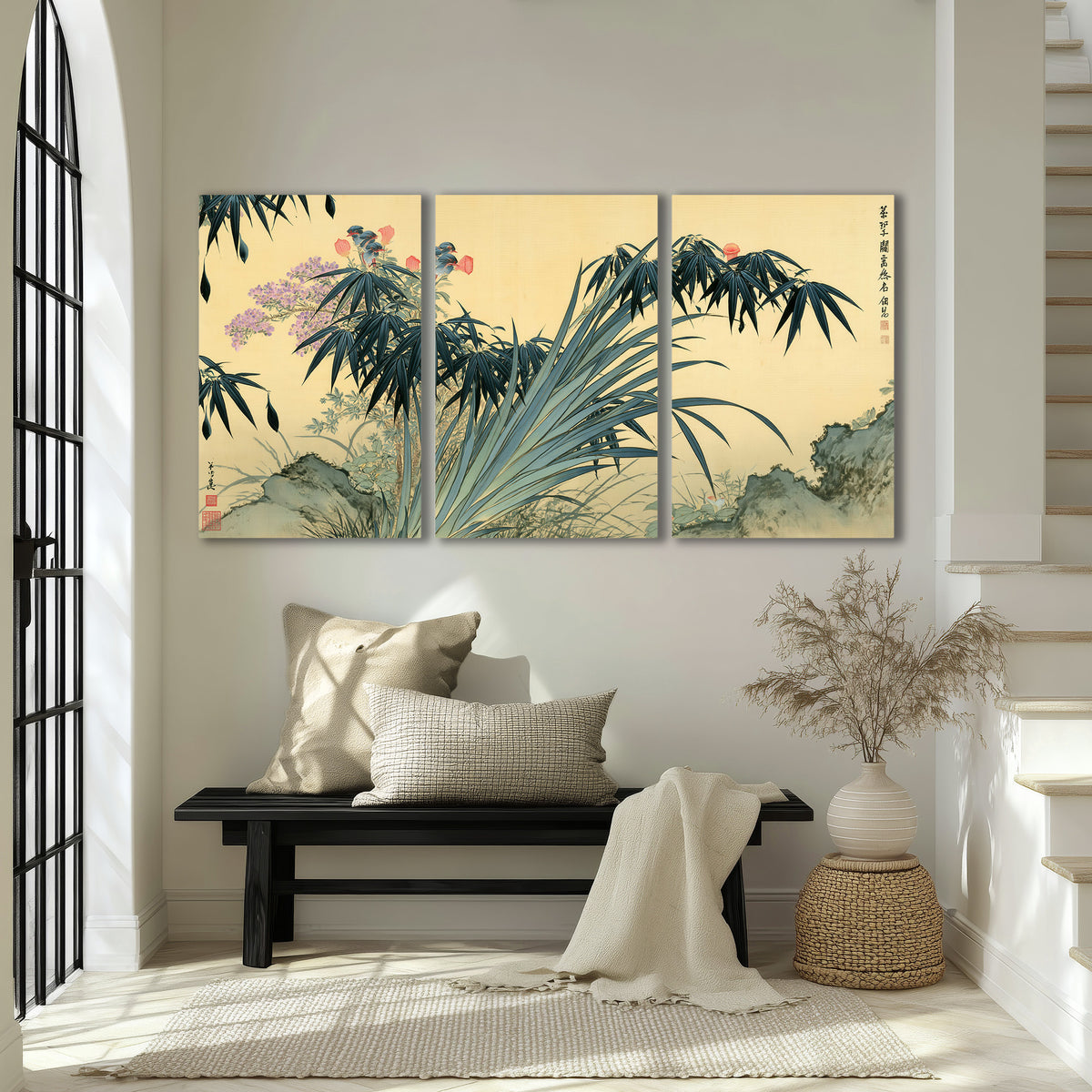 Graceful bamboo leaves and small blossoms on a warm parchment-toned background 3 piece canvas wall art displayed in a entryway