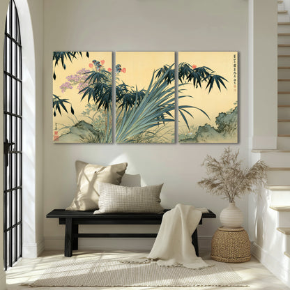 Graceful bamboo leaves and small blossoms on a warm parchment-toned background 3 piece canvas wall art displayed in a entryway